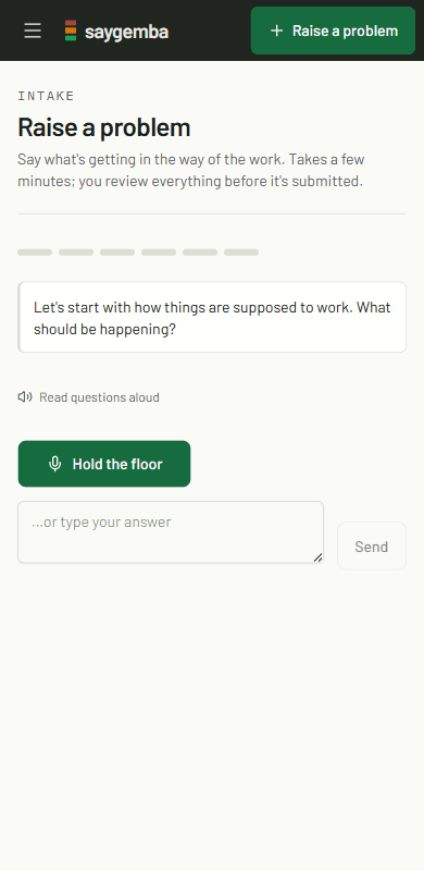 SayGemba mobile interview asking a worker what should be happening, with a large voice capture control